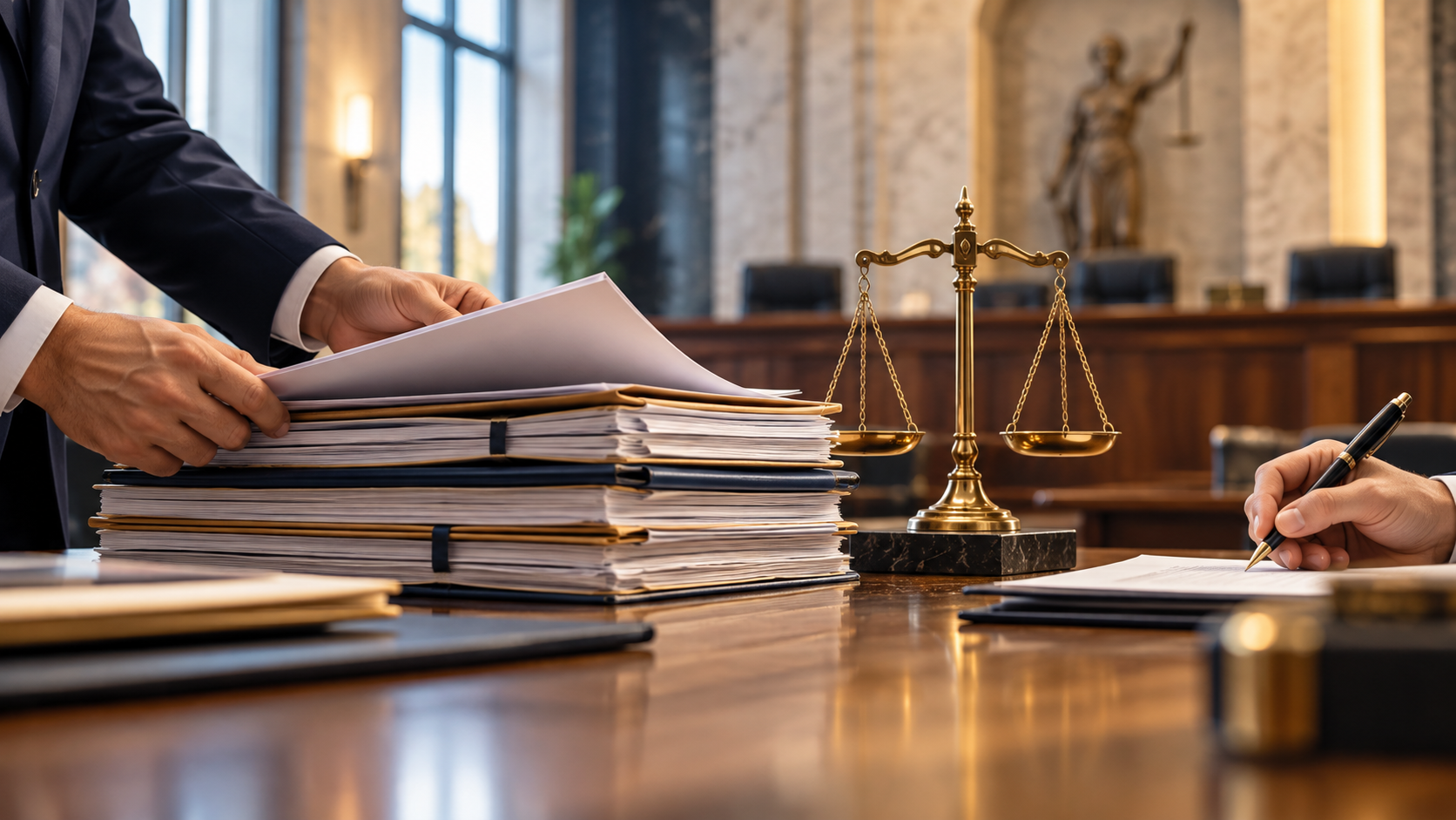 Ilustração de documentos de processo trabalhista e balança da justiça